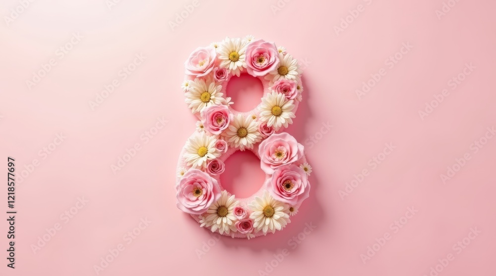 Delicate pastel flowers form number 8 on a light pink background, ideal for Women's Day cards. Delicate pastel flowers form number 8 on a light pink background, ideal for Women's Day cards.