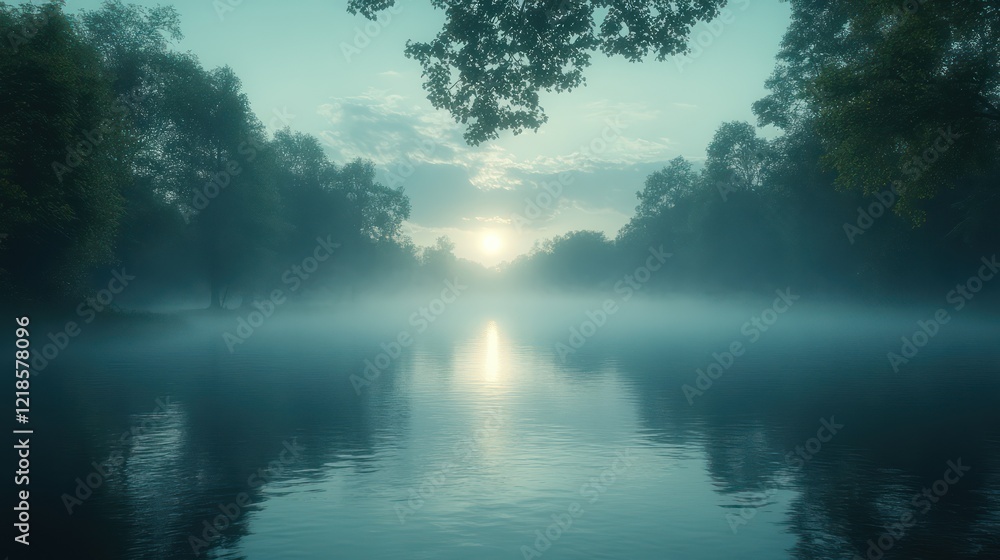 Fototapeta premium Misty River Sunrise: Serene Waters and Foggy Trees