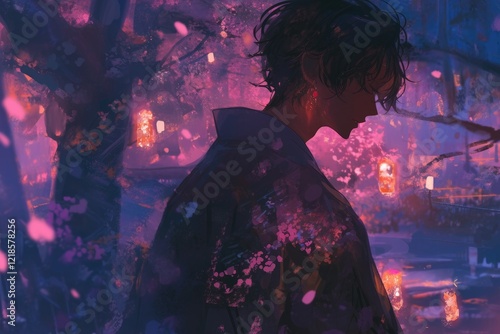 Anime Figure In Kimono Underneath Cherry Blossoms photo