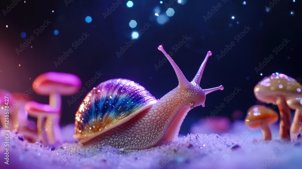 Colorful snail mushrooms in magical night scene Colorful snail mushrooms in magical night scene