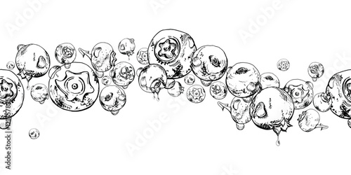 Blueberry blackberry, hand drawn in ink vector, group of flying ripe forest berry with drops, blue and sketch. Seamless banner garland illustration, for restaurant, cafe menu, wedding, farmers market