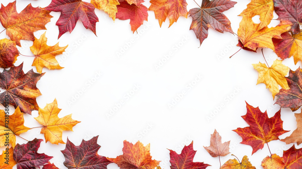 Obraz premium Border frame of colorful autumn leaves isolated on white background. Autumn, fall, thanksgiving day, nature concept. Flat lay, top view, copy space.