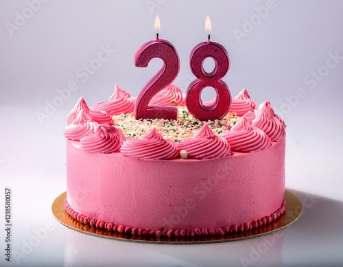 Wallpaper Mural Decorated pink cake for birthday or anniversary party, candle number 28, white background Torontodigital.ca