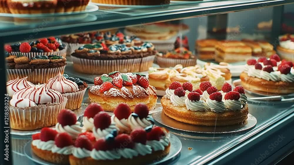 Assortment of Delicious Cakes and Pastries in a Display Case Assortment of Delicious Cakes and Pastries in a Display Case