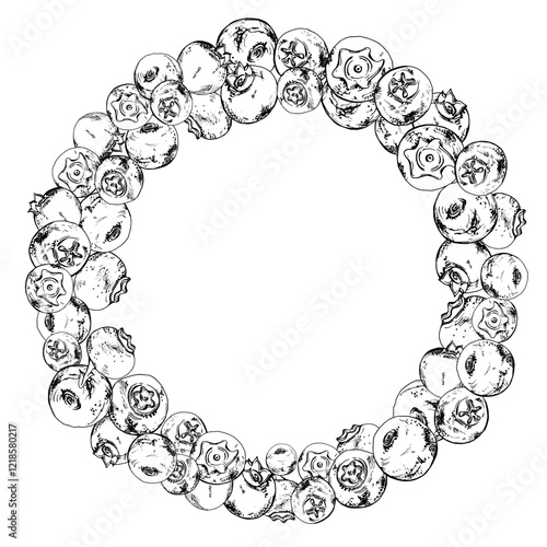 Blueberry blackberry, hand drawn in ink vector, group of scattered ripe forest berry with drops, blue and sketch. Wreath frame isolated illustration, for restaurant, cafe menu, wedding, farmers market