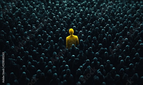 Conceptual image of a unique yellow person standing out in a sea of dark figures, representing brand differentiation and standing out from the competition, Generative AI photo