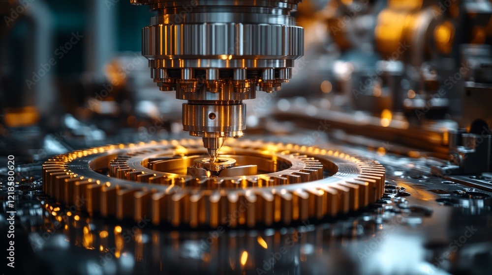 Close-up of industrial machinery precisely machining metallic gears. Close-up of industrial machinery precisely machining metallic gears.