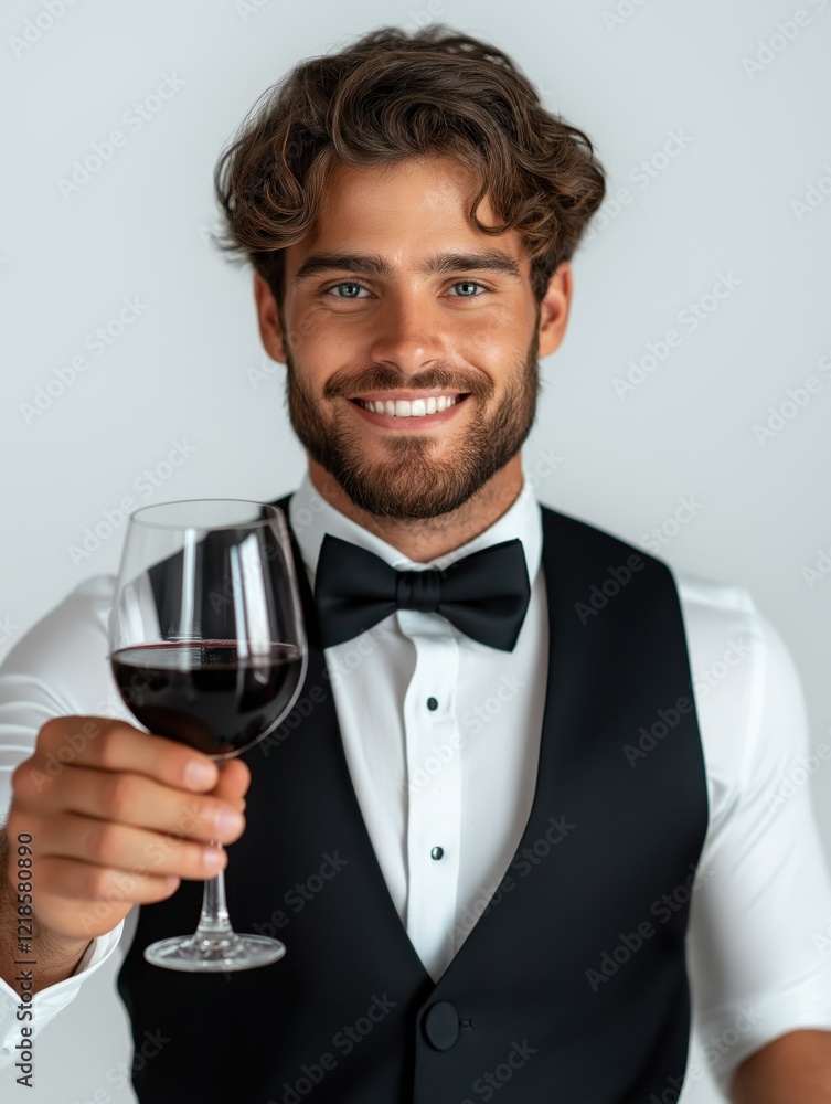 Young male butler elegantly serving a glass of red wine against a clean white background Young male butler elegantly serving a glass of red wine against a clean white background