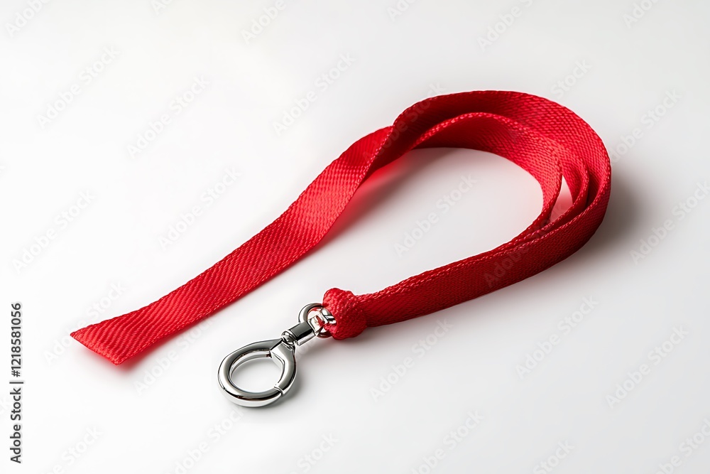 Fototapeta premium Luxurious Red Draped Window in a Grand Historical Room, Blank Red Badge Lanyard lace mockup. Plain empty cotton band mockup isolated on white background.Red Lanyard with Metal Lobster Clip and Safety 