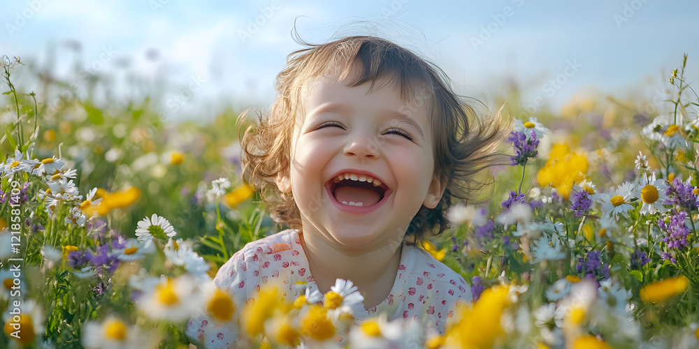 Child Laughing in Flower Field