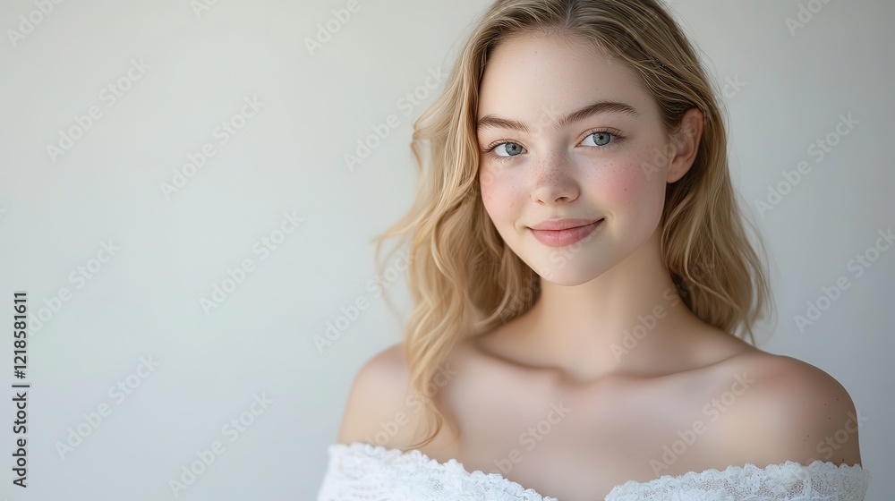 Caucasian woman with pretty beautiful clean skin and no makeup smiling confidently , Off shoulder dress, skincare and beauty concept, at home Caucasian woman with pretty beautiful clean skin and no makeup smiling confidently , Off shoulder dress, skincare and beauty concept, at home