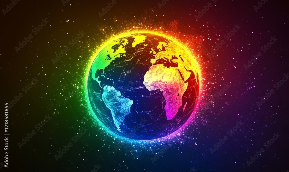Vibrant and colorful illustration of the Earth with a glowing, neon-like effect, symbolizing global connectivity, digital innovation, and creative representation of technology, Generative AI Vibrant and colorful illustration of the Earth with a glowing, neon-like effect, symbolizing global connectivity, digital innovation, and creative representation of technology, Generative AI