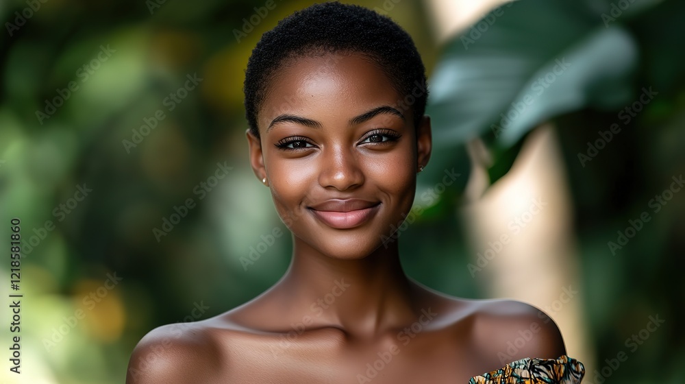 multiracial black woman with pretty beautiful clean skin and no makeup smiling confidently , Off shoulder dress, skincare and beauty concept, with green lush garden background multiracial black woman with pretty beautiful clean skin and no makeup smiling confidently , Off shoulder dress, skincare and beauty concept, with green lush garden background