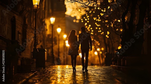 A couple walking hand in hand on a quiet street, their silhouettes illuminated by golden streetlights photo