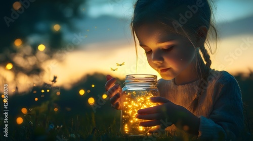 A child catching fireflies in a jar under a twilight sky, their face glowing softly with wonder photo