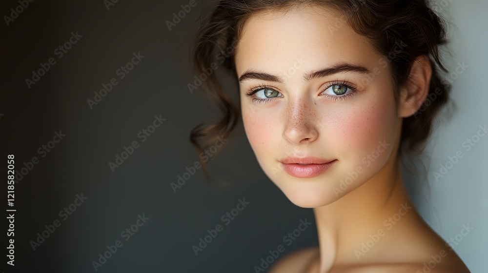 Obraz premium Caucasian woman with pretty beautiful clean skin and no makeup smiling confidently , Off shoulder dress, skincare and beauty concept, at home