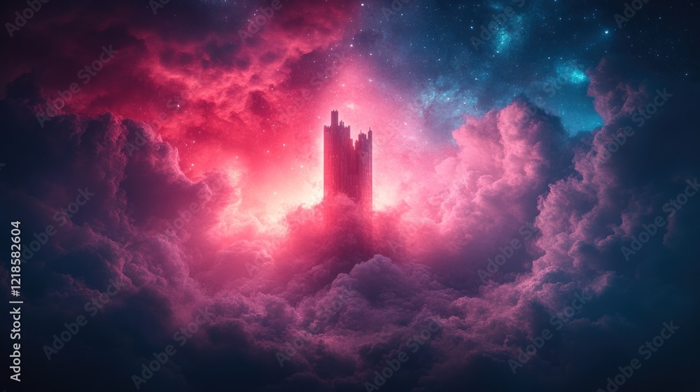 Crimson cloudscape, tower, cosmic, fantasy, art Crimson cloudscape, tower, cosmic, fantasy, art