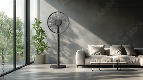 Modern black standing fan in minimalist living room