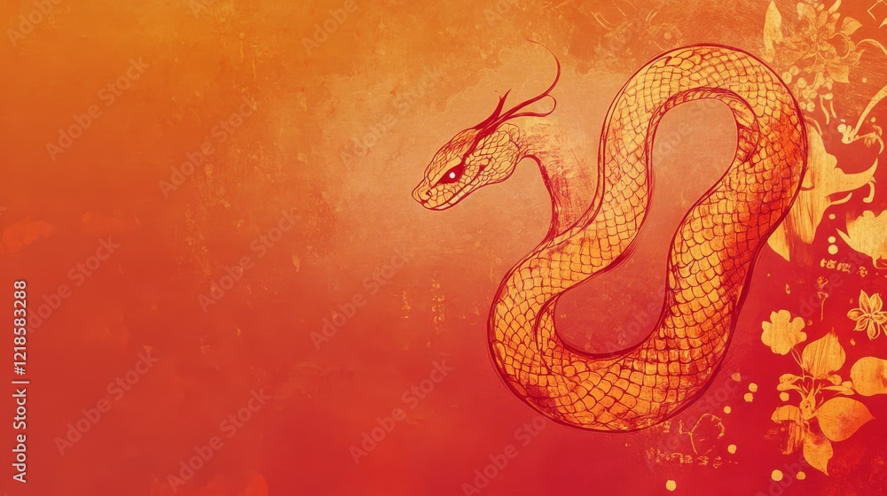 Obraz premium Chinese New Year 2025 banner, golden snake illustration, traditional red and gold tones, oriental-inspired patterns, Chinese zodiac imagery, auspicious design elements, festive celebration theming,