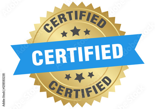certified. certified round blue and gold label isolated on transparent background