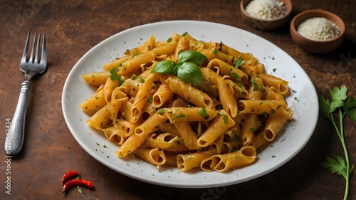 A plate of spicy masala pasta with Indian flavors, garnished with coriander leaves. 