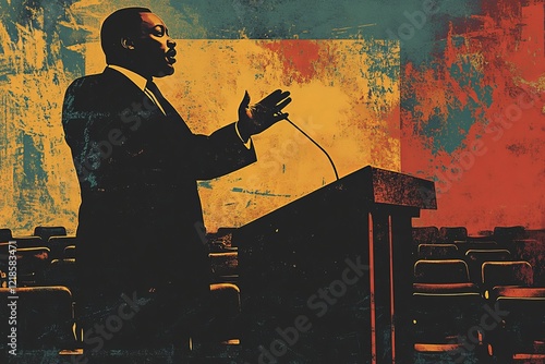 illustration of African American person speaking passionately on a platform with a beautiful black background , ray of light