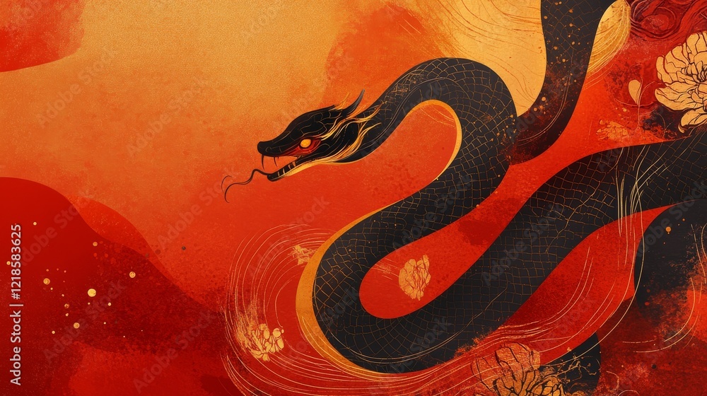 Obraz premium Chinese New Year 2025 banner, golden snake illustration, traditional red and gold tones, oriental-inspired patterns, Chinese zodiac imagery, auspicious design elements, festive celebration theming,