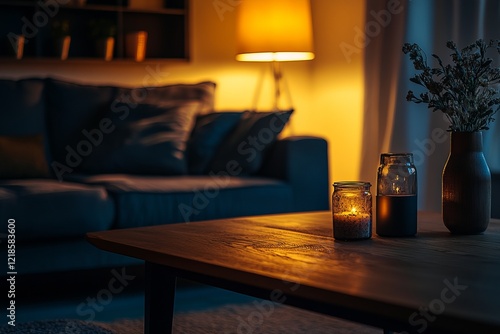 night scene , Warm lighting, living room with wooden table and candle , A dim environment
