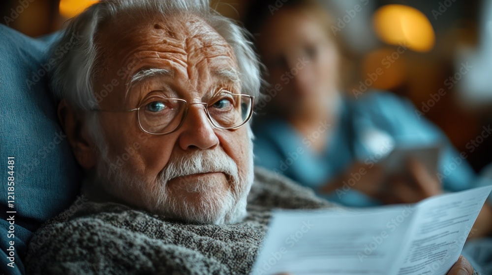 Elderly man reviewing documents, caregiver blurred background, home healthcare Elderly man reviewing documents, caregiver blurred background, home healthcare
