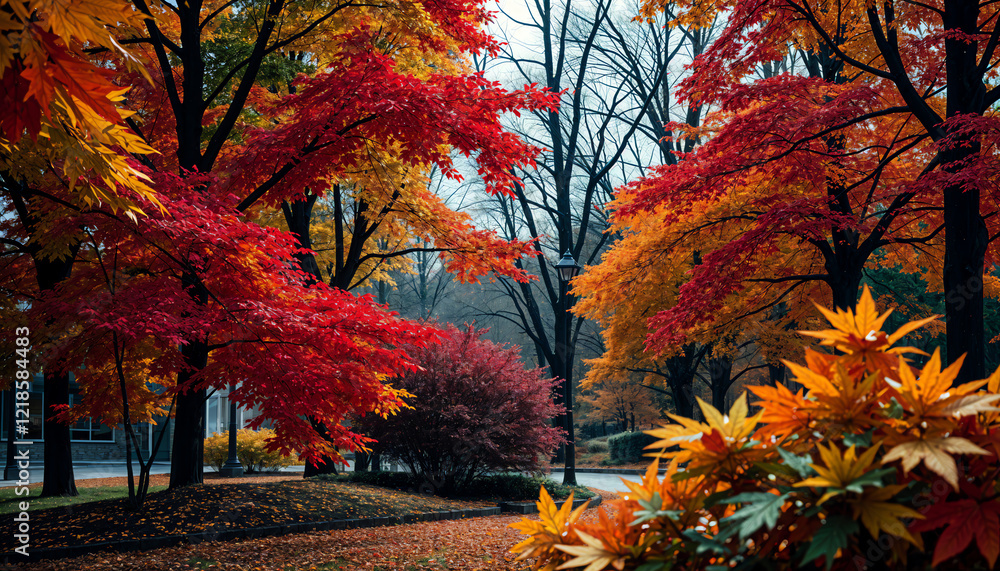 Naklejka premium City park in autumn with vibrant leaves