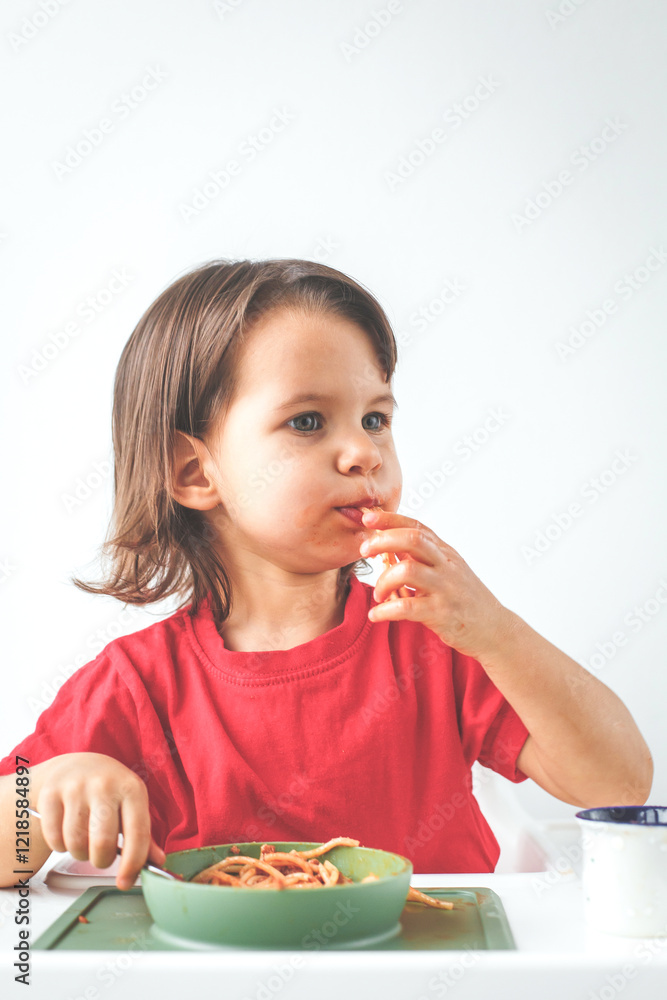 Little white brunette girl 2 years old in a red shirt eating spaghetti with her hands from a green bowl, sitting at highchair on white background, vertical photo concept of childhood and casual meals Little white brunette girl 2 years old in a red shirt eating spaghetti with her hands from a green bowl, sitting at highchair on white background, vertical photo concept of childhood and casual meals