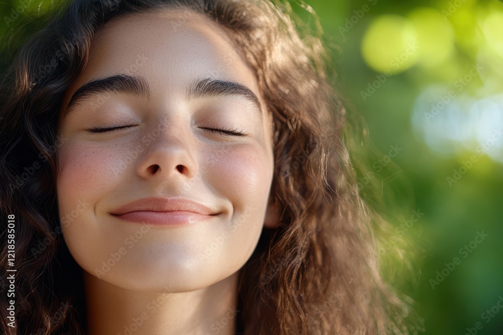 Joyful Close-Up of a Smiling Face with Eyes Closed, Showcasing Natural Happiness and Serenity in a Lush Outdoor Setting Joyful Close-Up of a Smiling Face with Eyes Closed, Showcasing Natural Happiness and Serenity in a Lush Outdoor Setting