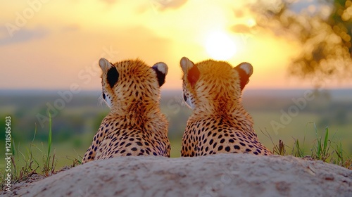 Two Cheetahs Lounging Together Under a Beautiful Sunset Sky