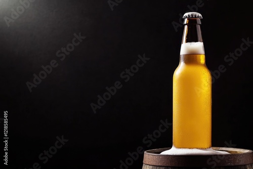 Golden beer bottle illuminated against dark background, highligh photo