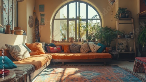 Sun-Drenched Bohemian Living Room With Comfy Orange Couch  Vibrant Rug  And Eclectic Decor. Perfect Chill Spot 