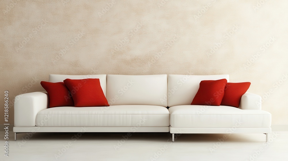 Naklejka premium A Minimalist Living Room With A White Couch And Red Pillows Against A Beige Textured Wall. The Scene Is Calm And Serene.