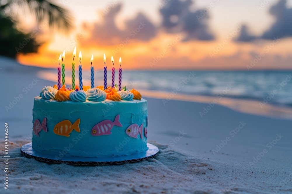 Fototapeta premium Colorful birthday cake with candles on sandy beach at sunset overlooking the ocean