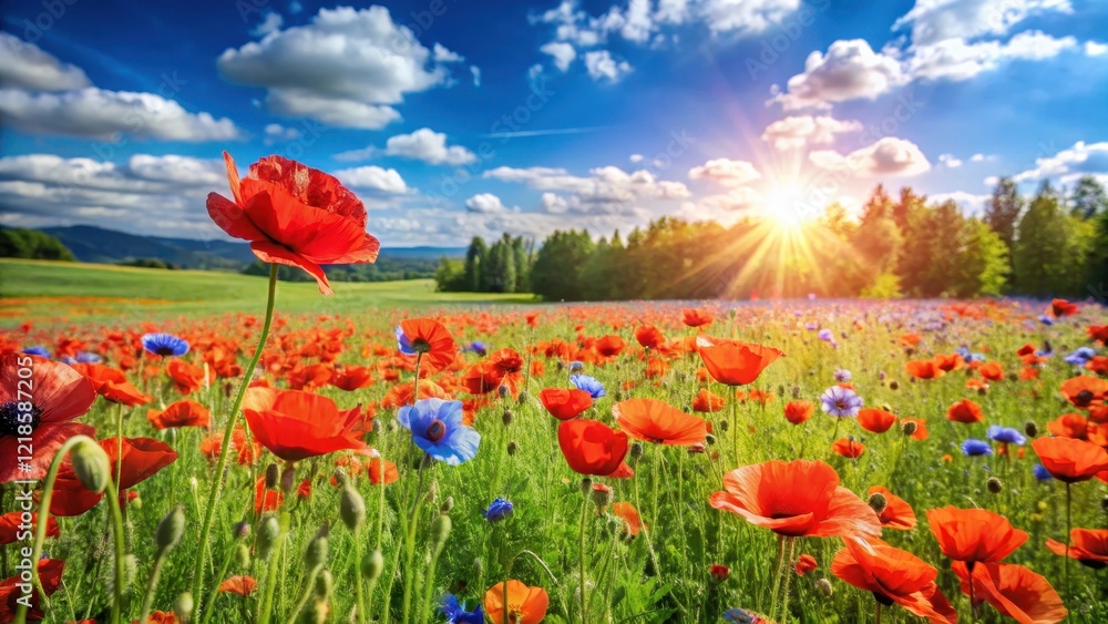 Naklejka premium Summer Meadow with Red Poppies, sunny day, flower field, sunny day, flower field, green grass