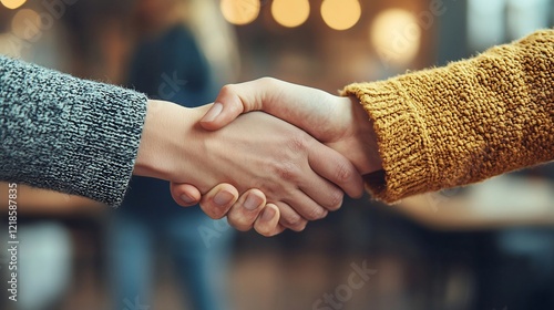 A close up handshake between two people wearing a gray and yellow sweater shows connection