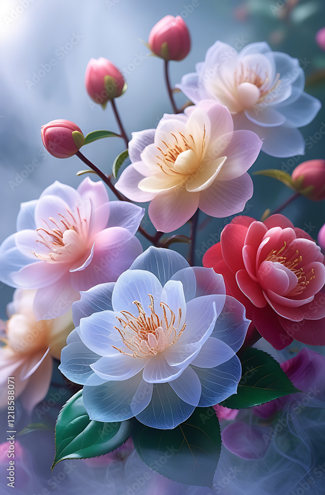 Fototapeta premium A beautiful camellia flower with a spectrum theme and enchanting smoke. Created with generative AI