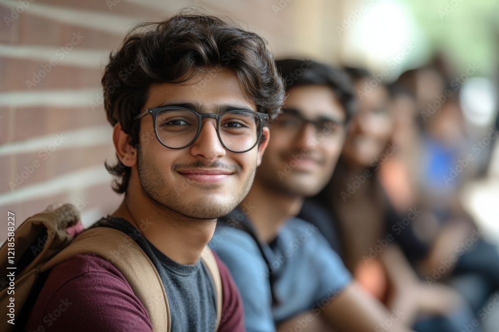 Smiling student poses for a group photo with friends while sitting on a school campus in the afternoon sun Smiling student poses for a group photo with friends while sitting on a school campus in the afternoon sun
