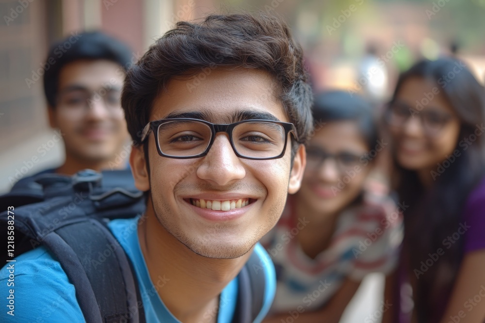 Young man smiles joyfully with friends in a vibrant outdoor setting during daytime Young man smiles joyfully with friends in a vibrant outdoor setting during daytime