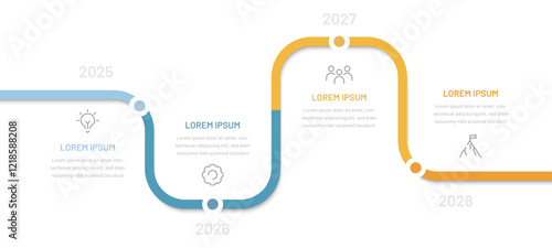 A four-stage timeline infographic consisting of 4 stages or levels, goals, milestones, and steps. A diagram for the presentation of a slide, website, brochure. Modern business infographics
