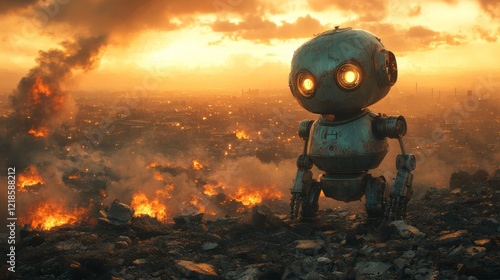 Small robot stands amidst burning city at sunset.
