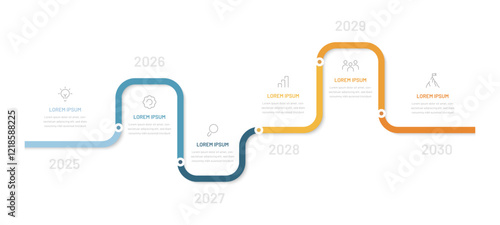 Infographic in the form of a road or timeline. A diagram for a presentation, website, or booklet. Modern six-step infographics with editable icons
