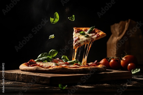 Delicious pepperoni pizza slice with fresh basil melting cheese photo