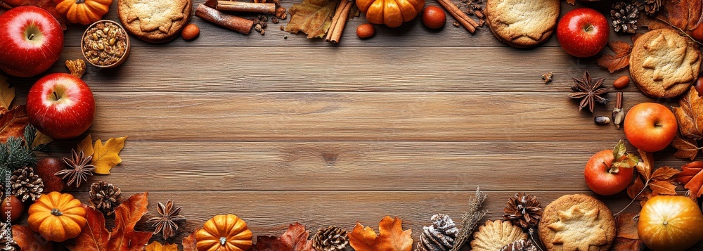 Autumn Ingredients and Decorations on Wooden Table, Featuring Apples, Spices, Cookies, Pumpkins, Nuts, and Colorful Leaves for Seasonal Festivities and Celebrations Autumn Ingredients and Decorations on Wooden Table, Featuring Apples, Spices, Cookies, Pumpkins, Nuts, and Colorful Leaves for Seasonal Festivities and Celebrations