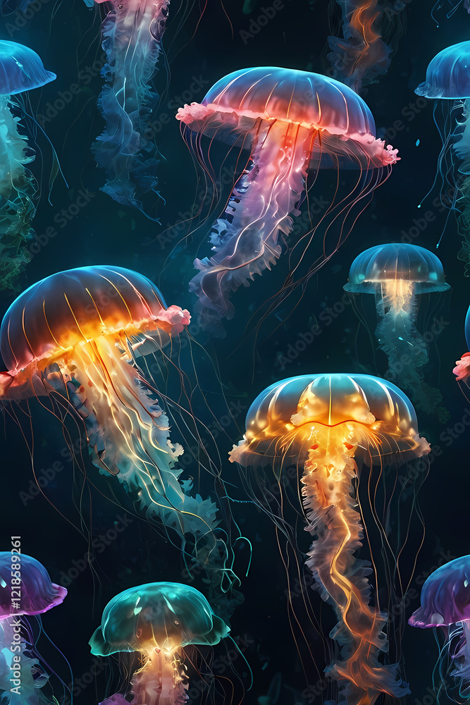 Radiant Colorful Glowing Jellyfish in the Sea Radiant Colorful Glowing Jellyfish in the Sea
