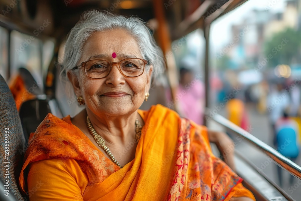 Elderly woman enjoying a bus ride through the city while wearing traditional attire and smiling cheerfully Elderly woman enjoying a bus ride through the city while wearing traditional attire and smiling cheerfully