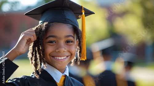 A middle schooler adjusting their cap with a proud smile, the schoolyard bustling with classmates in the background